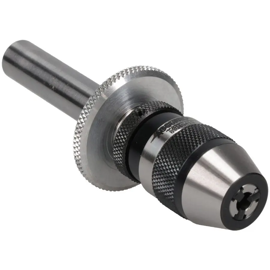 Drill chuck attachment with a keyless collar and a smooth metal shank.