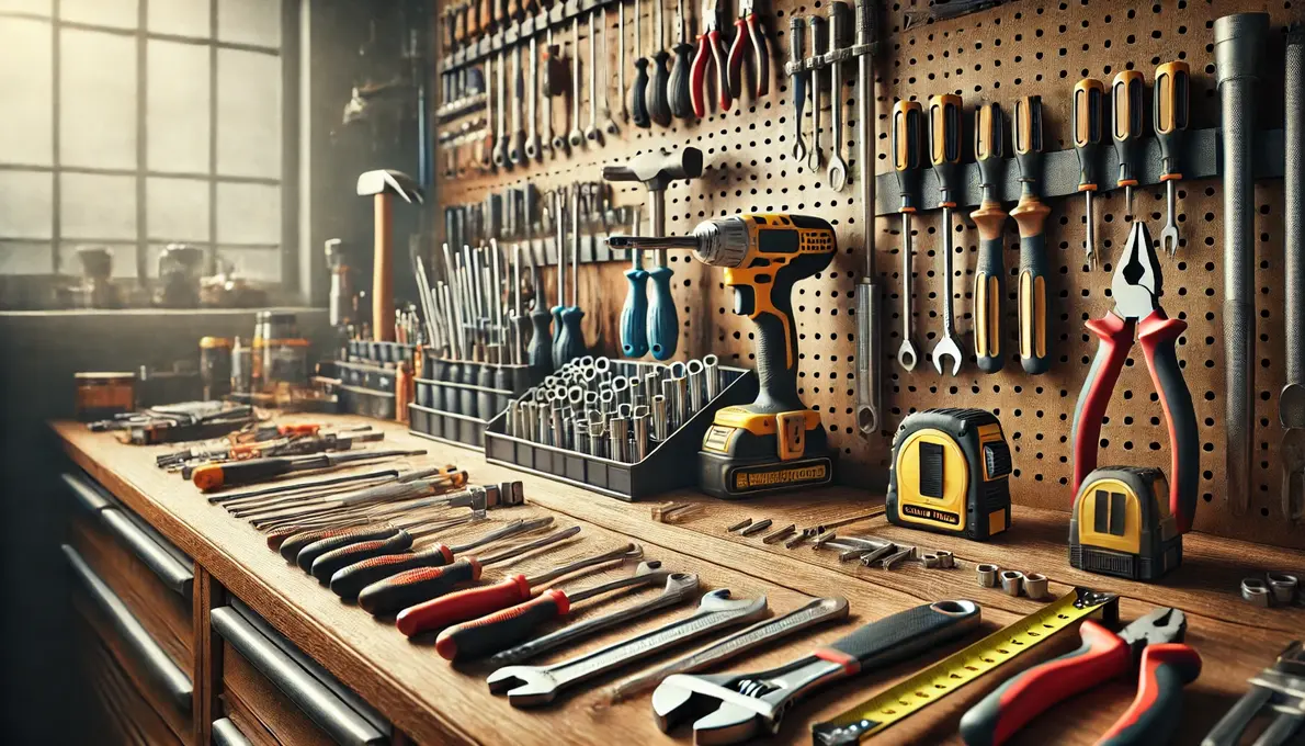 A well-organized workshop with various hand tools and storage solutions on a wooden workbench.